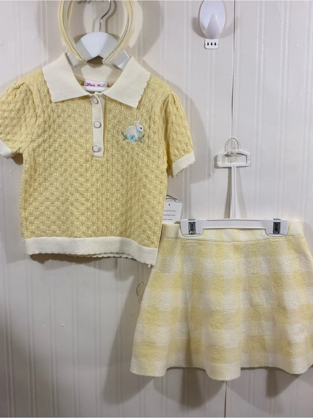 Little Lass Yellow and White Knit Polo Top with Matching Check Skirt